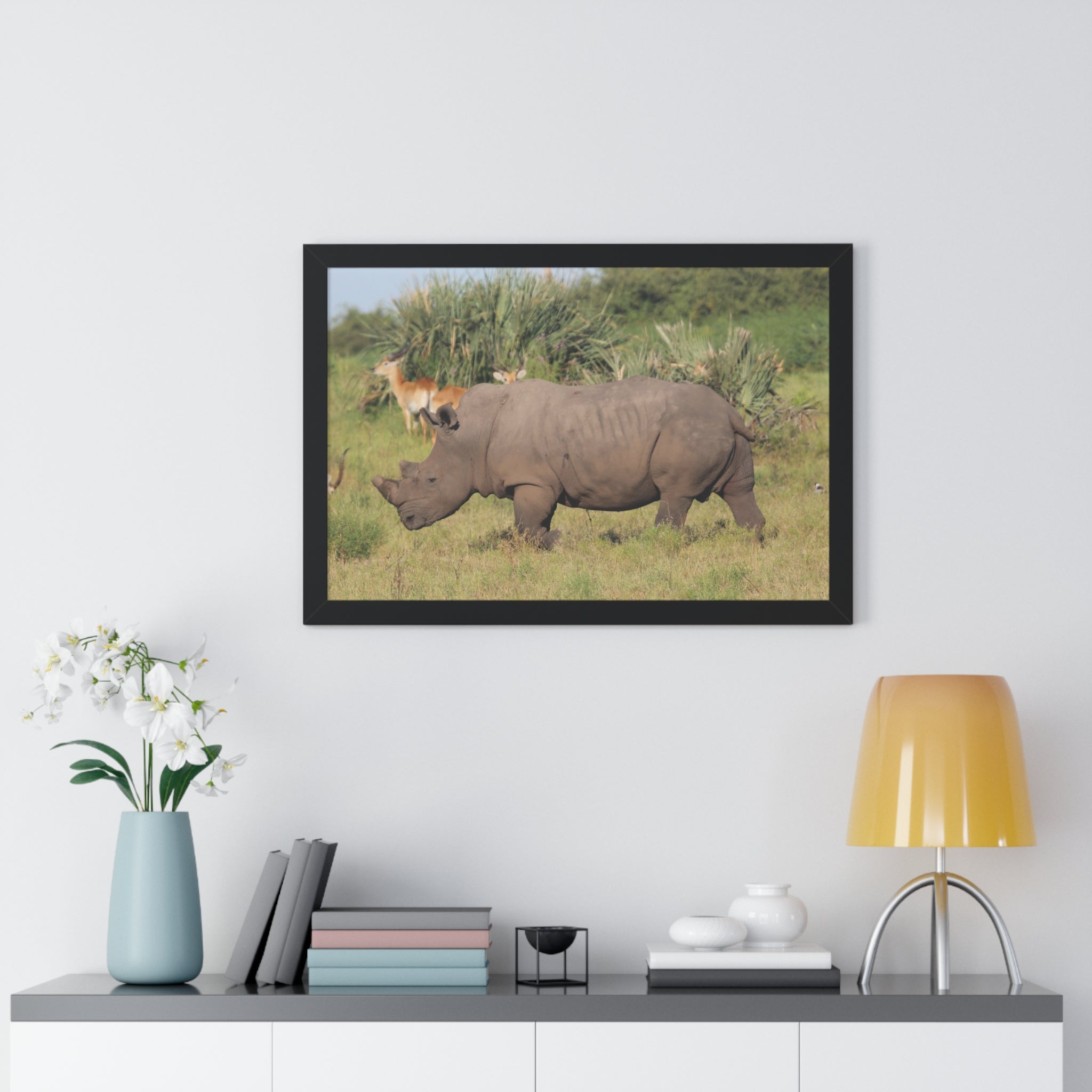 Framed Print, Amazing African Safari Art, Rhino and Antelope Wall Art